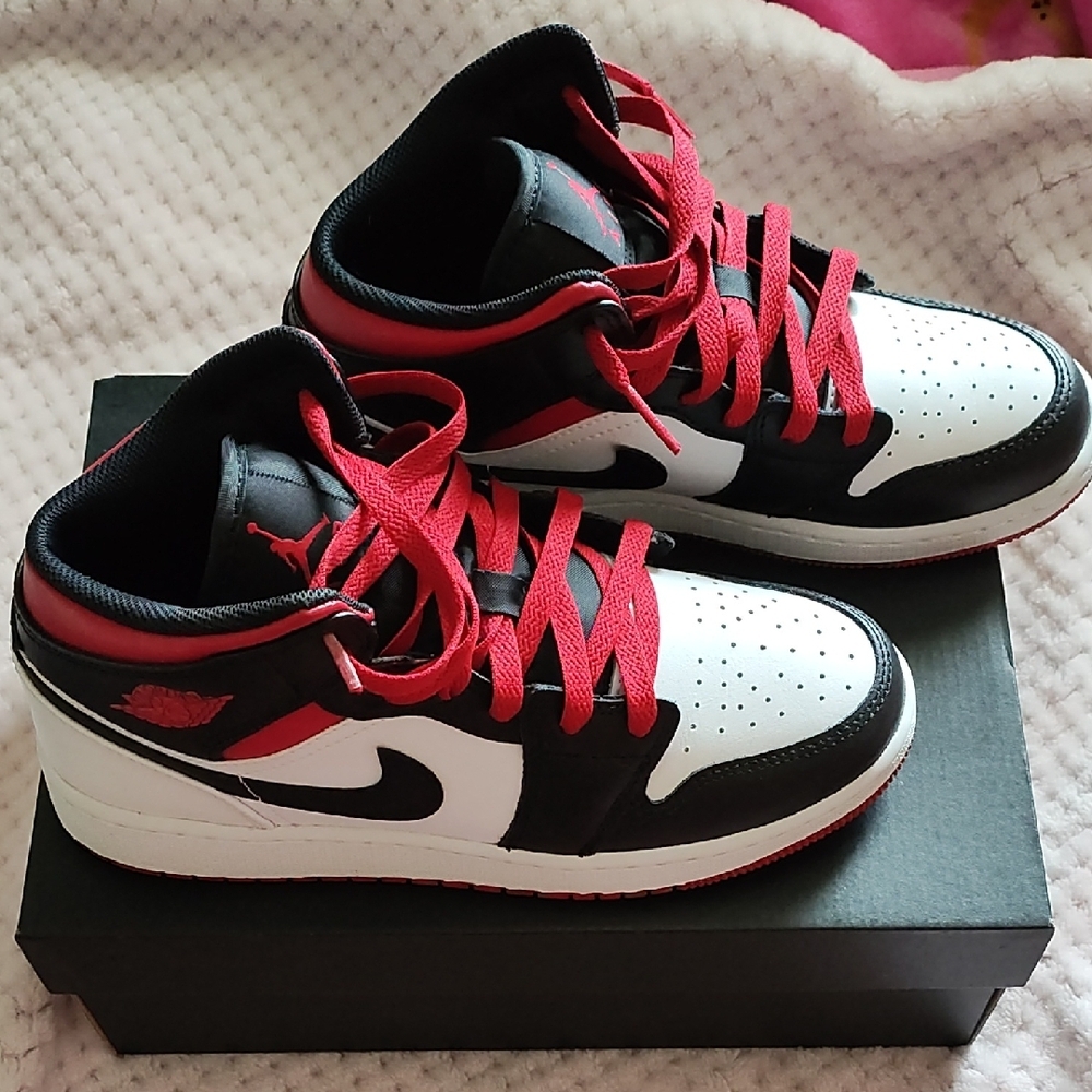 Jordan Air Mid White, Red, and Black Sneakers